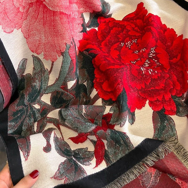 Retro Floral Artificial Cashmere Scarf Women's Thick Warm Scarf